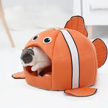 

Cute Cartoon Fish Cat Bed House Washable Warm Dog Nest Hamster Cage Cat Sleeping Bag Kitten Mat Short Plush Pet Bed Puppy Kennel