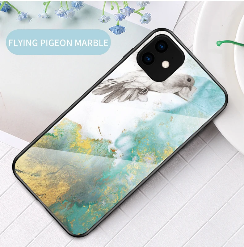

Painted Flying Pigeon Marble Stained Tempered Glass Case for iPhone 7 8 Plus X XR XS 11 Pro Max Shockproof Ultra Thin Slim Cover