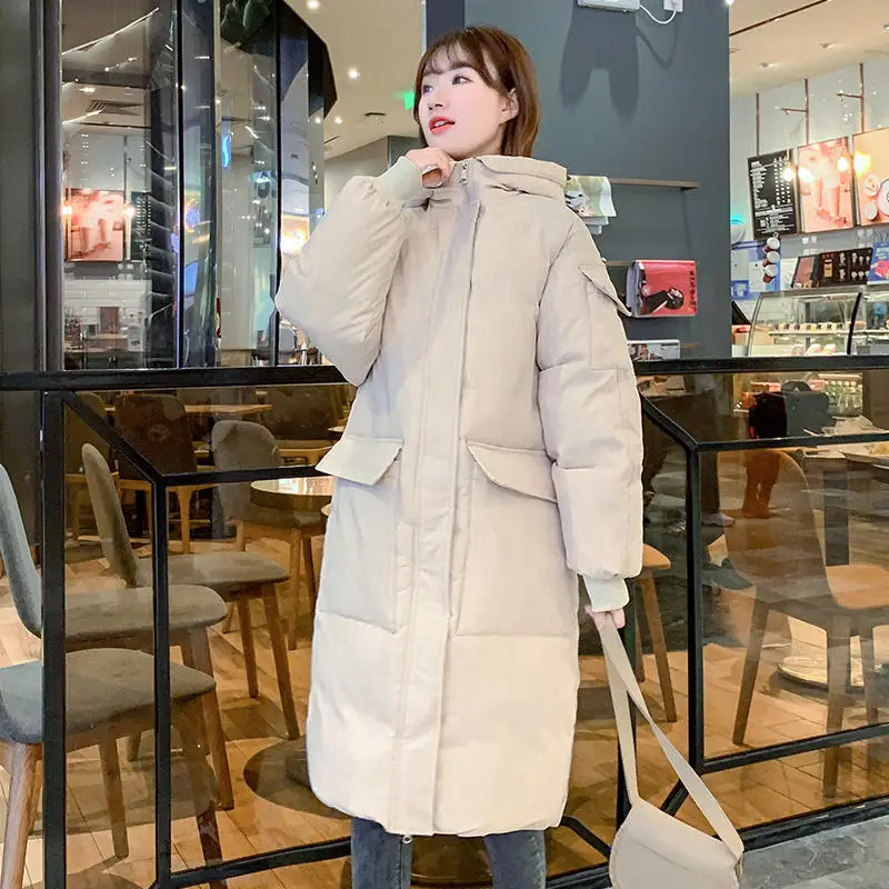 3XL Long Down Cotton Coat Women Clothes Loose Parka Warm Black Winter Jacket Padded Solid Hooded Pocket Winter Coat Women Q2110