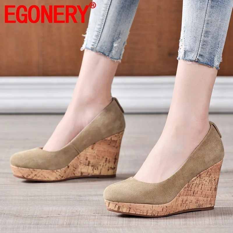 

EGONERY 2020 spring new concise women pumps outside high heels platform round toe kid suede slip-on women shoes drop shipping