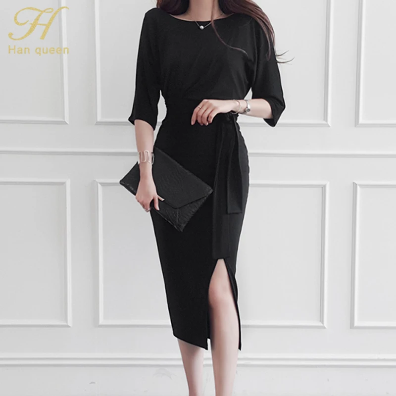 Black H Han queen, однотонное облегающее платье на шнуровке, женское сексуальное платье-футляр с разрезом, Осенние новые платья с круглым вырезом для особых случаев, Vestidos - Цвет: Black