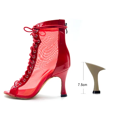 Women Dance Boots For Ladies High Heel Flannel Ballroom Modern Dance Shoes Black  Gilrs Soft Sole Bachata Salsa Dancing Shoes RED-7.5CM