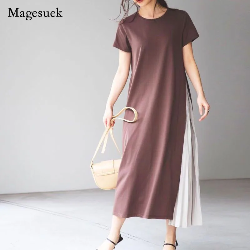 

2022 Women Summer Dress Korea Chic Elegant Solid Cotton O-Neck Short Sleeve Dress Casual casualLoose Long Dresses Vestido 14020