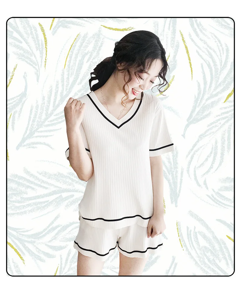Summer New Korean Short Sleeved Pajama Set Women's V-Neck Pyjamas Striped Shorts Pijama Mujer Home Sleepwear 2-piece Set