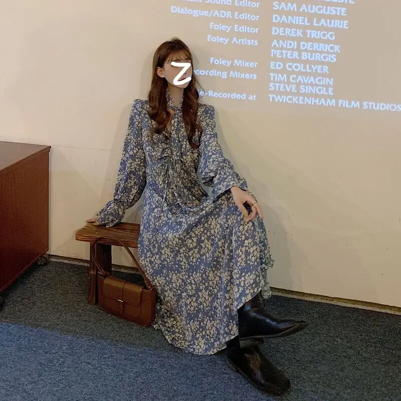 2020 New Autumn Female Chiffon Long Dress Women Long Sleeve Holiday Boho Beach Dress Vintage Floral Print Party Vestidos Robe