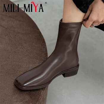 

MILI-MIYA Fashion Solid Color Women Cow Leather Ankle Boots Round Toe Square Heels Zipper Plus Size 34-43 For Ladies Handmade