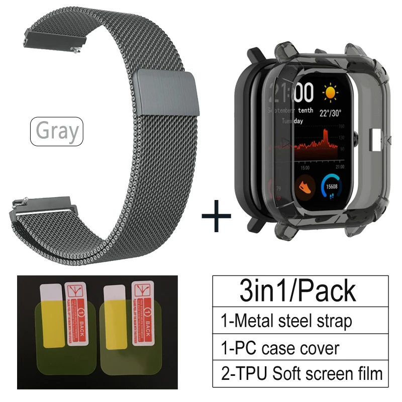 3в1 Для Amazfit GTS наручный ремешок с TPU чехол металлический Миланский Браслет для Huami Amazfit gts ремешок для экрана Защитная пленка - Цвет: GRAY-BLACK