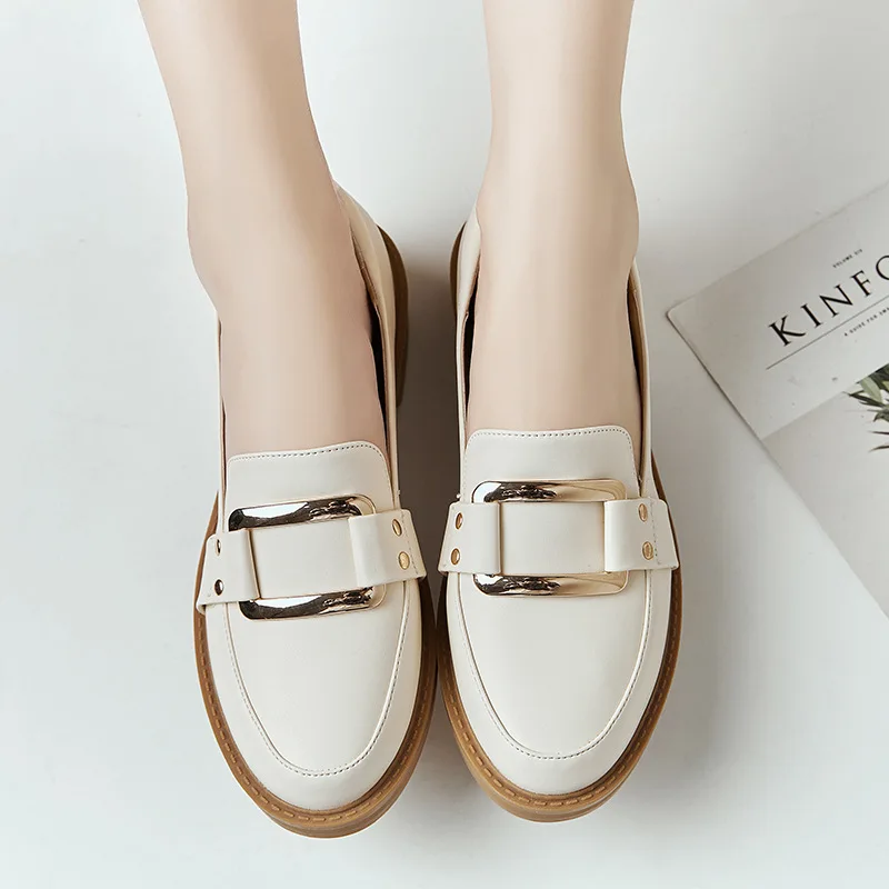 Woman Leather Shoes Spring Autumn 2020 Casual Fashion Black Loafers Flats Shallow Round Toe Slip-on Off White Shoes Women