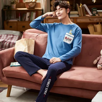 

for Men Winter Warm O-Neck Lounge Male Nightwear MELIFLE Autumn Cotton Men's Pajamas Sets Long Sleeve Pure Soft Satin Sleepwear