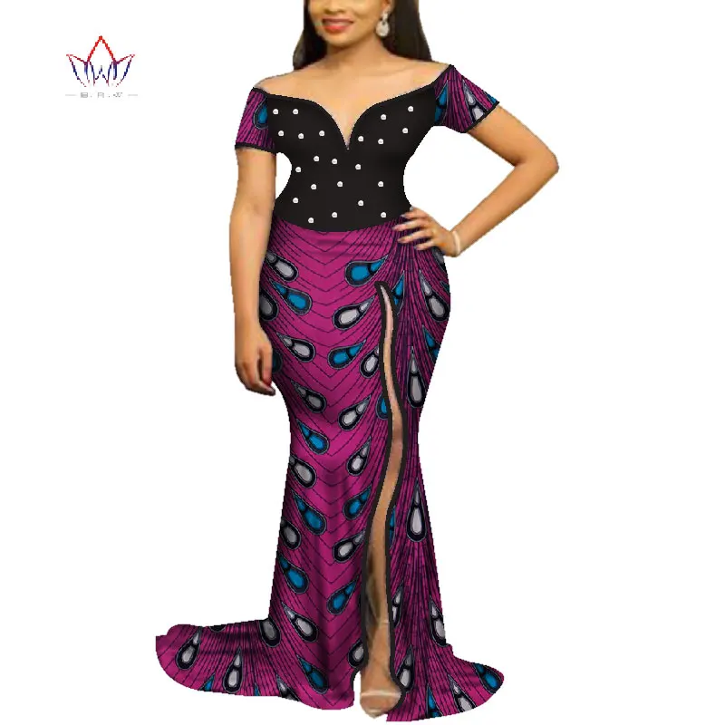 Африканские платья для женщин Bazin Riche лоскутное восковой печати вечерние длинные платья с жемчугом Дашики Женская африканская одежда WY4065 - Цвет: 15