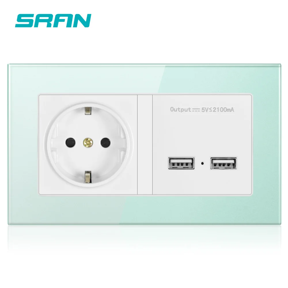 Green 146 A6 SRAN USB быстрый интерфейс охра Черный цвет европейский стандарт розетка 146*86 мм украшение дома розетка с USB стеклянной панелью - Тип: Green 146 A6