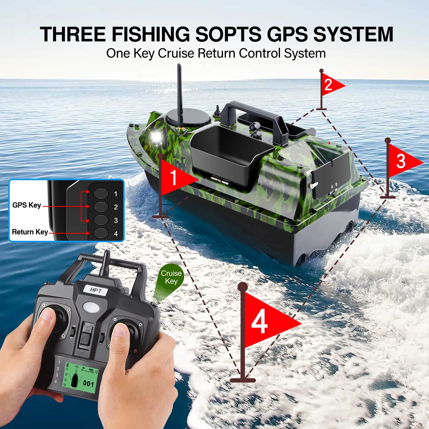 VERY100 500M Wireless RC Camo Bait Boat Hook/Bait Post 3 Hoppers 2 Motors,LCD Sensor Fishfinder,Bag,Batteries for Carp Fishing