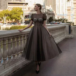 SoDigne Black Dotted Women Party Dress O-Neck Short Sleeves Modest Formal Prom Dress A-line Boning Exposed Evening Gowns