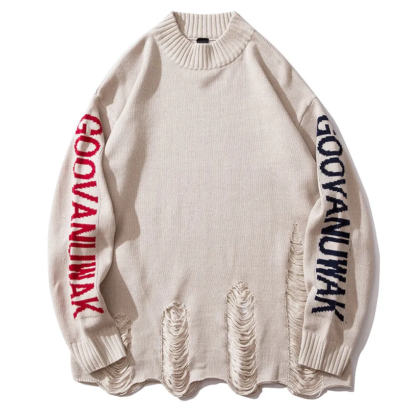 

2020 New Fashion Sweater Mens Hole Pullover Harajuku Print Jumpers Loose Knitted Sweaters Autumn Korean Style Casual Men Clothes