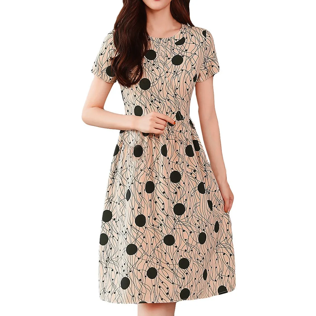 Women Fashion Summer Lady Elegant O-Neck Short Sleeve Wave Point Elastic Dress | Женская одежда