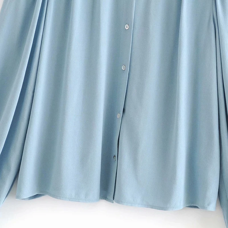 Women Elegant Casual Solid Blouses Long Sleeve Stylish Pleated Blue Blouse Ladies Office Turn Down Collar Shirt Tops