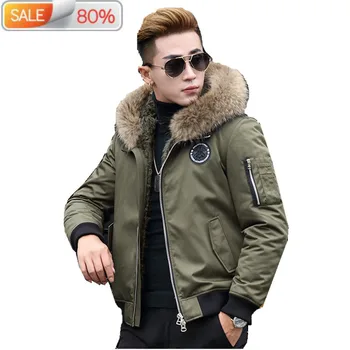 

Winter Natural Rabbit Coat Clothes Real Raccoon Fur Collar Warm Parka Men Short Jacket T-A9-2303 ND7A6