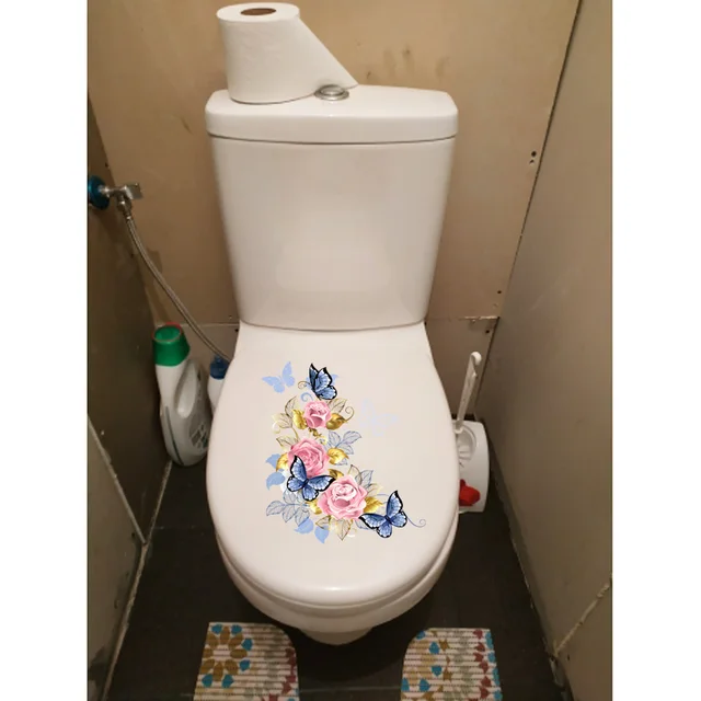 Zttzdy 23Cm × 25,6 Cm Finom Virág Illusztráció Otthoni Fal Dekoráció Rózsaszín Rózsa Kék Pillangó Wc-Matricák T2-0889 - Image 2