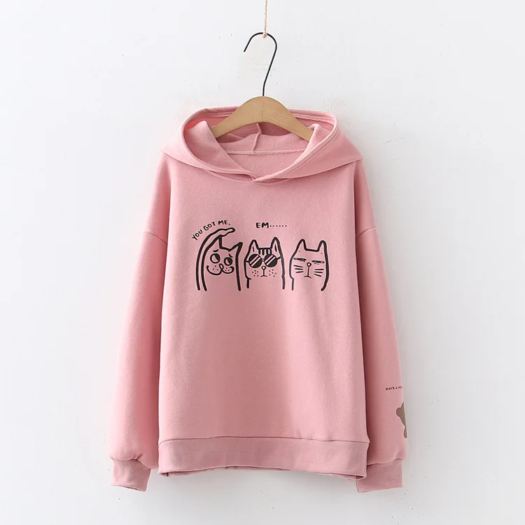 Merry Pretty женские толстовки Harajuku с рисунком кота из мультфильма, толстовки, зимние Лоскутные пуловеры с капюшоном и длинным рукавом, плюс бархатные пуловеры - Цвет: Розовый