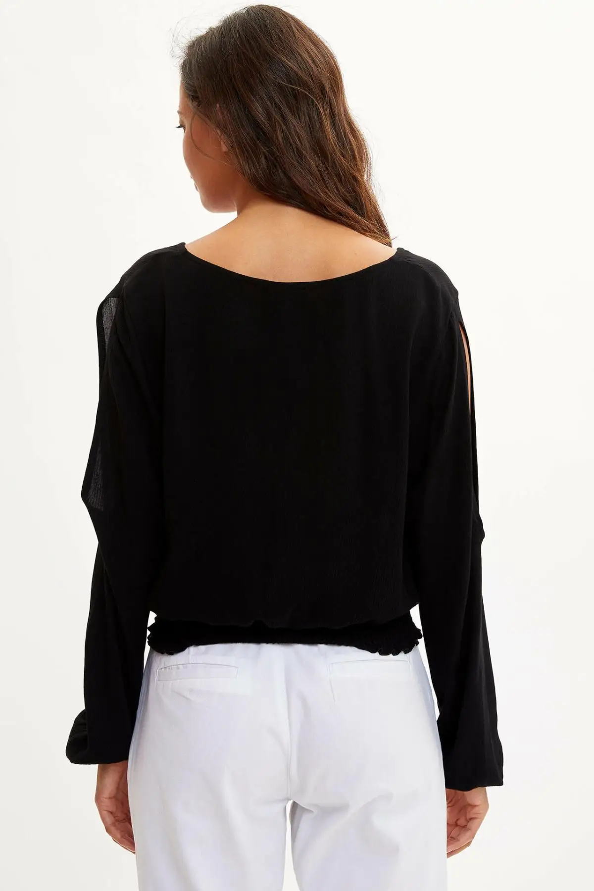  DeFacto Fashion Woman Long Sleeve Blouse Female Casual V-neck Tops Ladies Elegant Shirts Black Simp