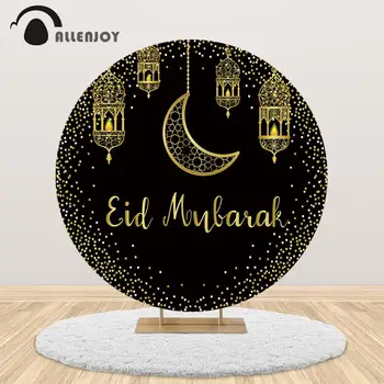 

Allenjoy Eid Mubarak black circle background golden moon Islamic Hanging Lamps Ramadan Kareem round backdrop cover photophone