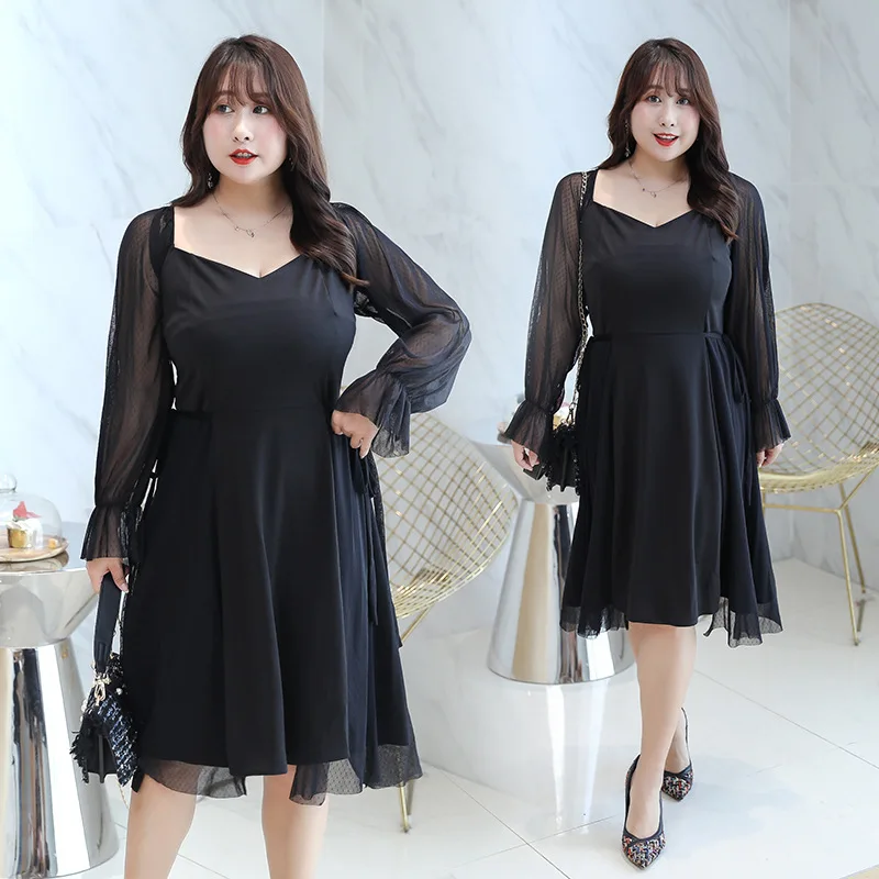 

L-5XL 2019 Autumn Large size Dress Women Casual V Neck Plus size Black Mesh Dress Lady Long Sleeve Elegant Big Mini Party Dress