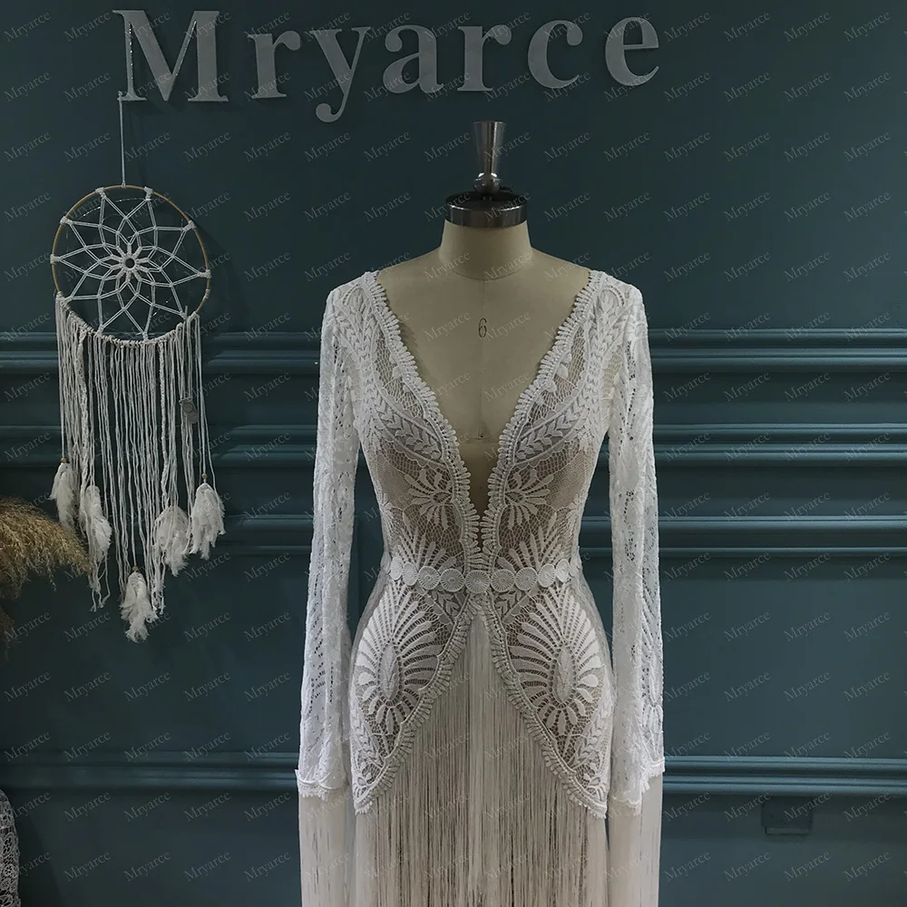 Mryarce 2022 Unique Bride Wedding Dress Tassel Lace Fringe Boho Sleeves Bohemian Bridal Gowns long sleeve bridal gowns