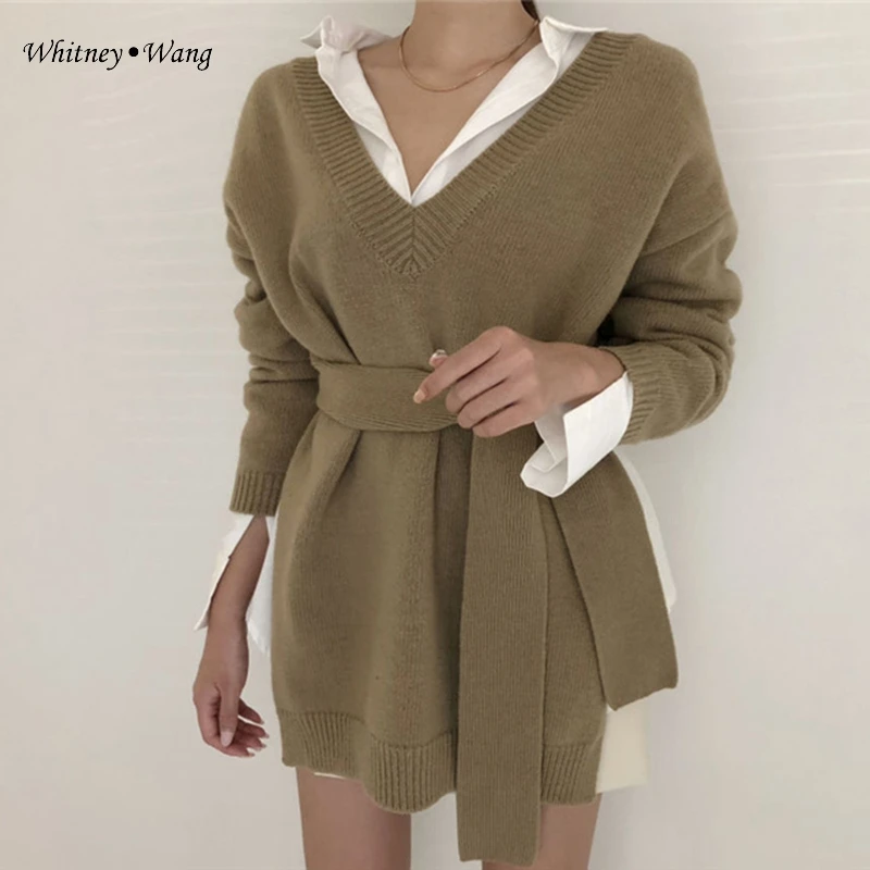 

WHITNEY WANG 2019 Autumn Winter Fashion Streetwear Split Hem Sahes Sweater Women Jumper Pull femme sueter mujer invierno