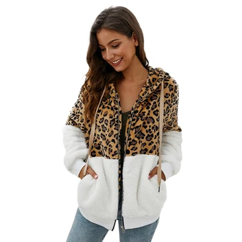 

Z Female Jacket Turn-down Collar Plush Stitching Leopard Loose Pocket Zipper Thick Drawstring Autumn Winter Hooded Jacket Women