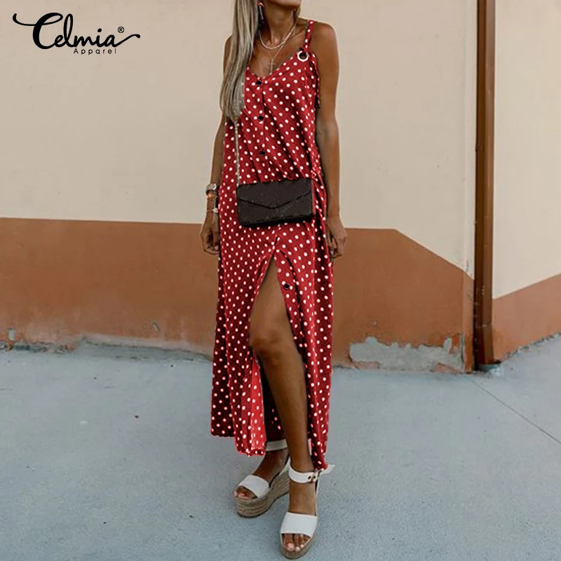 

Celmia 2020 New Long Split Vestidos Women Straps Sleeveless Summer Sundress Polka Dot Printed Maxi Dress Casual Female Robe 5XL