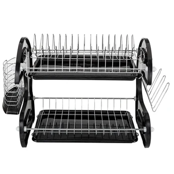 

Kitchen Storage Contain Multifunctional Dual Layers Bowls & Dishes & Chopsticks & Spoons Collection Shelf Dish Drainer Black