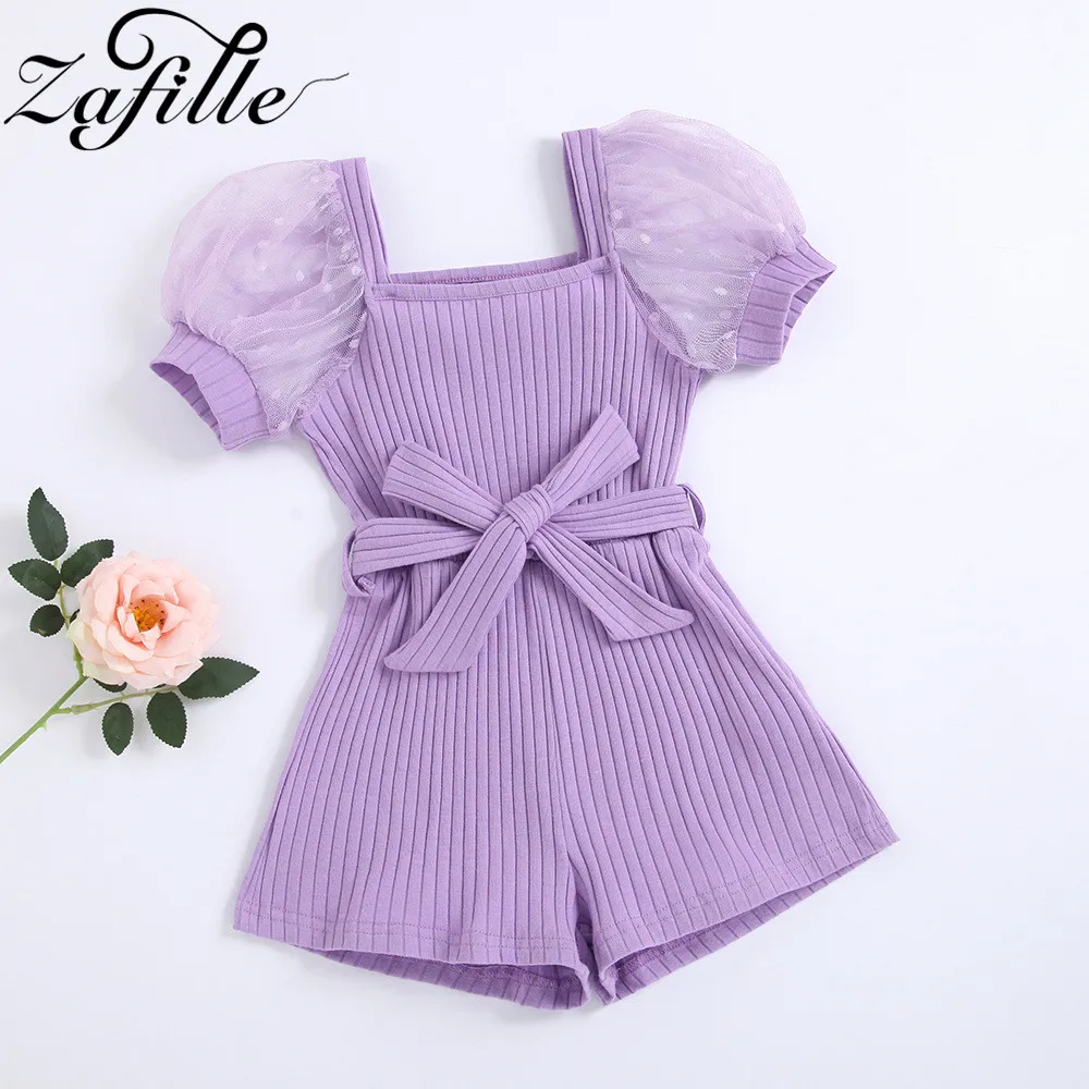 

ZAFILLE Lace Puff Sleeve Children's Overalls Square Collar Belted Knitted Jumpsuits For Kids Girls Summer Baby Girls Jumpers