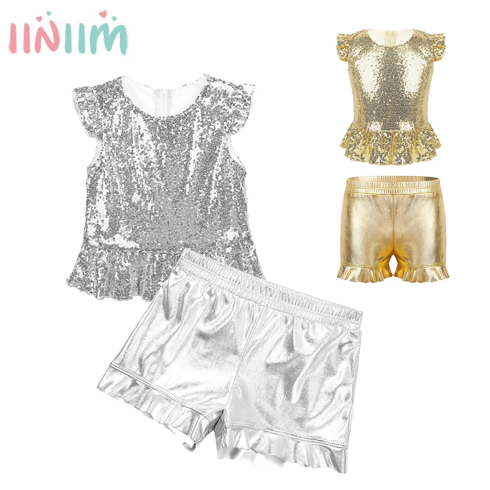 

Jazz Dance Costume for Girls Boys Kid Flutter Sleeves Top Short Pants Hip Hop Clothing Stage Clothes Ballroom Dancing Streetwear