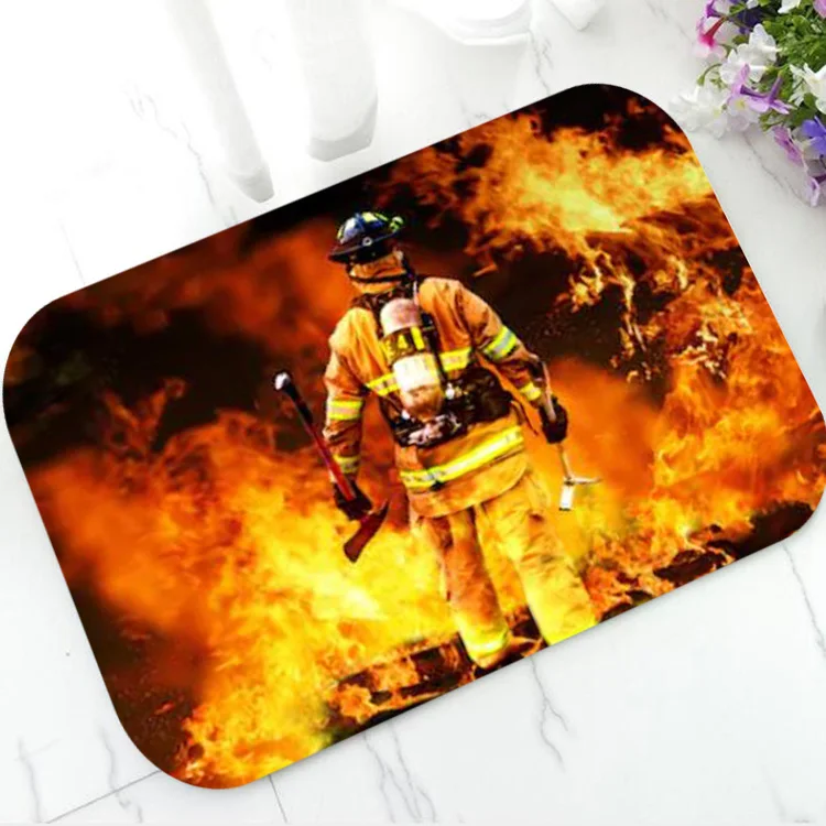 

Firefighter Fighting Fire Fireman Home Decor Fire Fighter in Fire and Smoke Door Mat Rug Carpe Indoor Doormat Floor Entry Mats