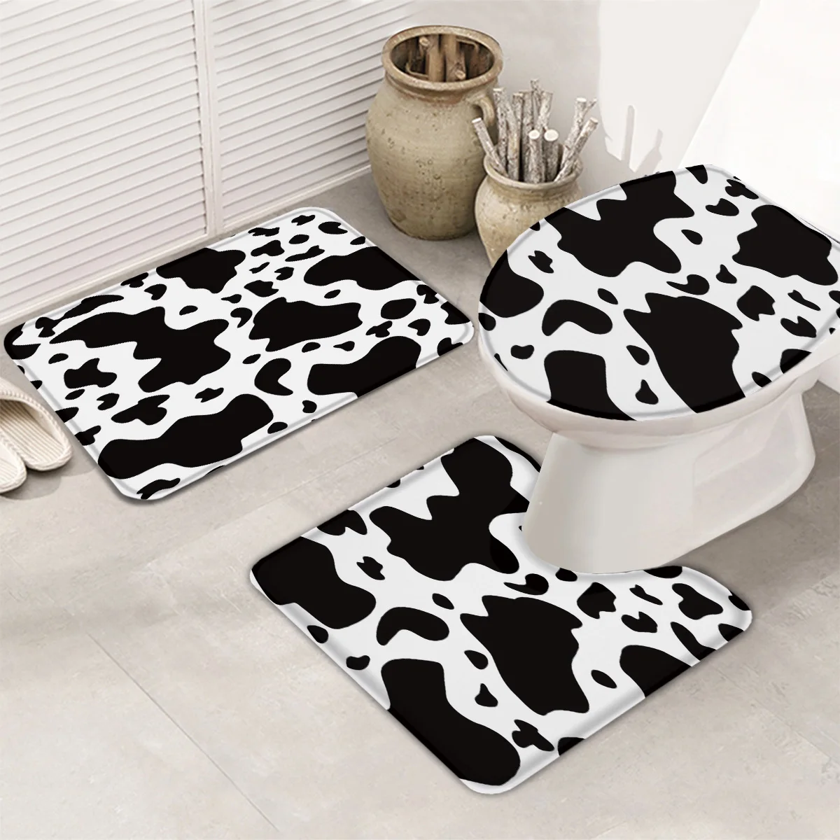3 Pieces Bathroom Set Black White Graffiti Cow Spot Bath Set Toilet Cover Mat Pedestal Rug Non-Slip Bathroom Rug Set