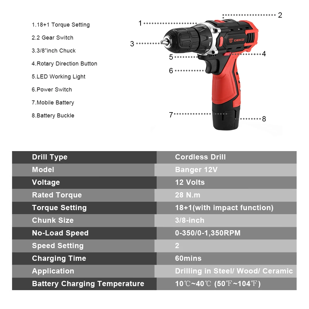 DEKOPRO Banger 12V беспроводная дрель литий-ионная батарея беспроводная перезаряжаемая домашняя Максимальная диаметр бурения 3/8-дюймовый Электрический электроинструмент