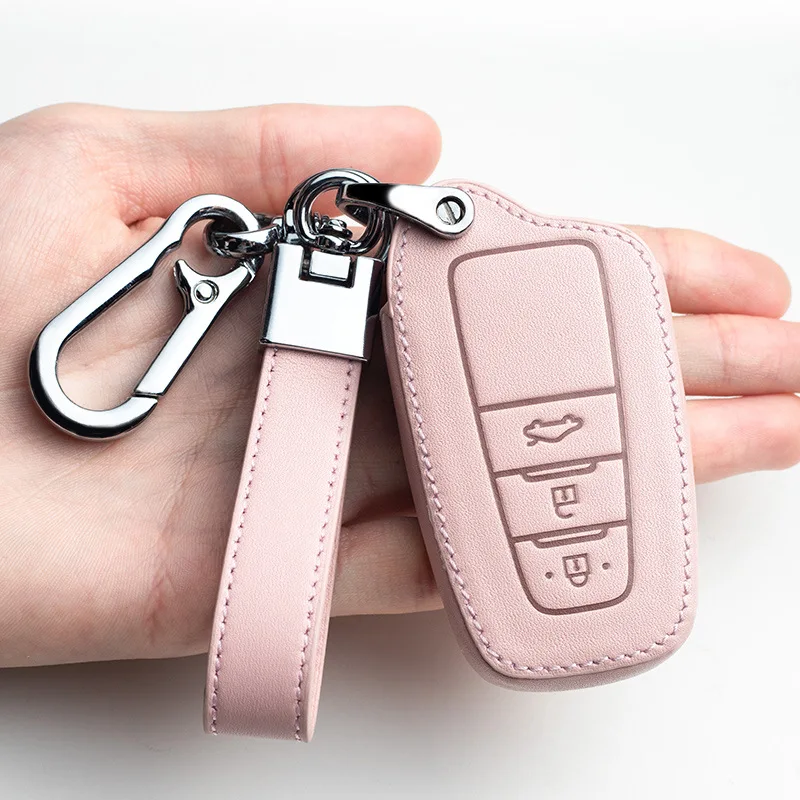 Leather Car Key Case Cover for Toyota Camry CHR Prius Corolla RAV4 Prado 2017 2018 Remote keyless Cover Keychain Protect Ring