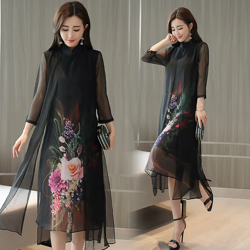

2020 summer women's fashion large size black Mesh +flower printed chiffon dress female vintage plus size print bodycon dress