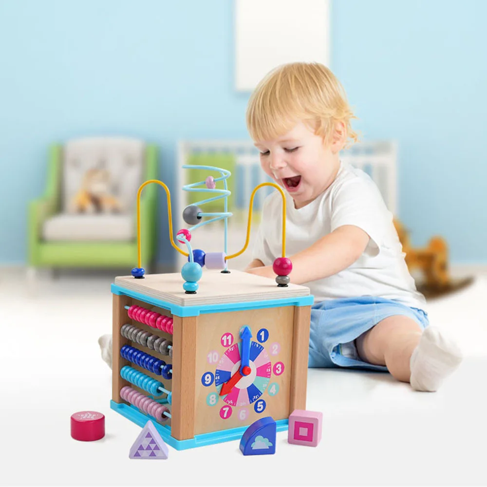 Kids Educational Wooden Toy Activity Cube Bead Toddler Baby Learning Play Center