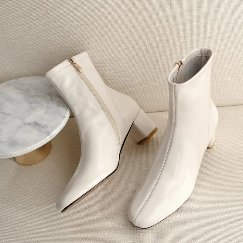 Real Patent Leather Women Short Boots Autumn Winter Mid Heel Shoes F009 Fashion Ladies Zipper Black Beige Square Toe Ankle Boots