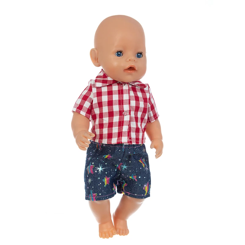 

2020 New Fit 18 inch Baby New Born Blue Doll Clothes Accessories Red Grid Bright Denim Shirt Pants For Baby Birthday Gift