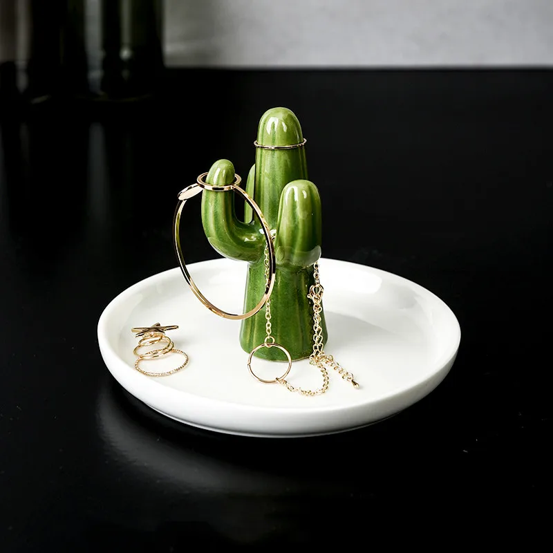 

Cactus Ceramic Jewelry Plate Ring Key Tray Necklace Earrings Storage Rack Desktop Storage Box Home Decoration