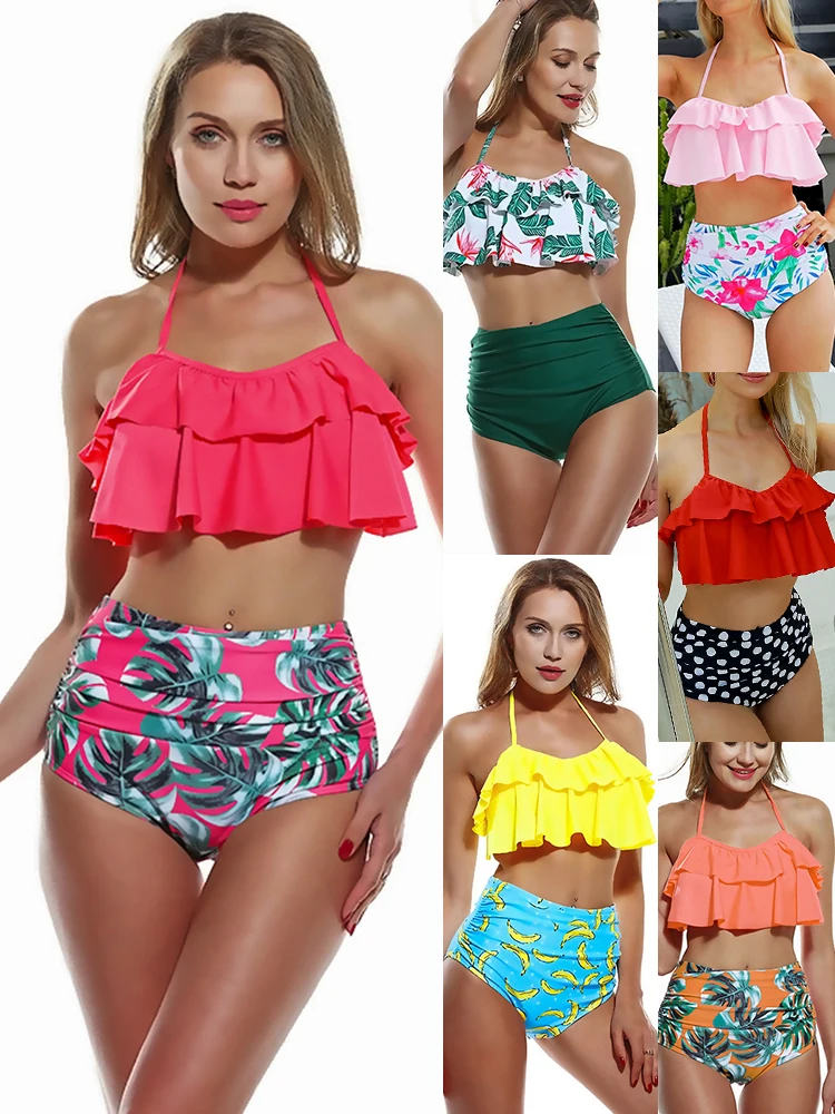 

2019 Sexy Bikini Women Double Ruffled Wrinkled Word Shoulder Bikinis bikini mujer swimsuit female separate