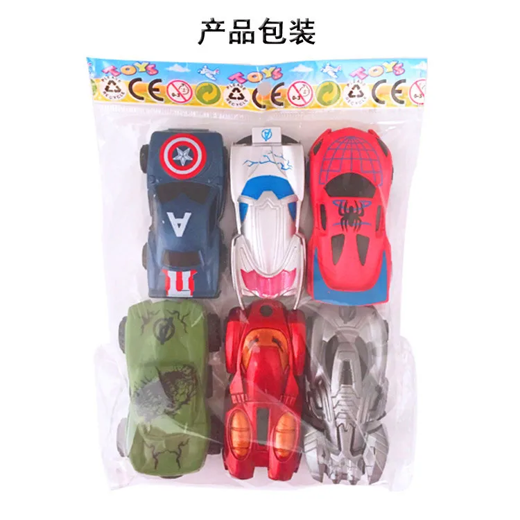6 Pcs/Set The Avengers Chariot Set Iron Hulk Loki Spider-man 1:64 Diecast Plastic Car Model Toy Suit For Children Gifts