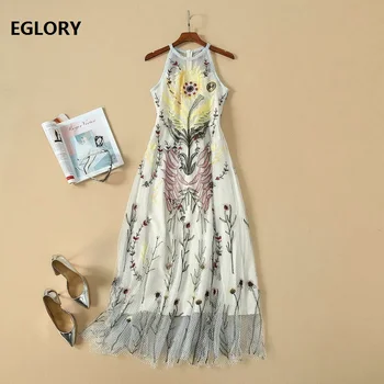 

Sleeveless Long Dress 2020 Spring Summer Women Sexy Halter Neck Allover Luxurious Embroidery Long Party Maxi Dress Vestidos