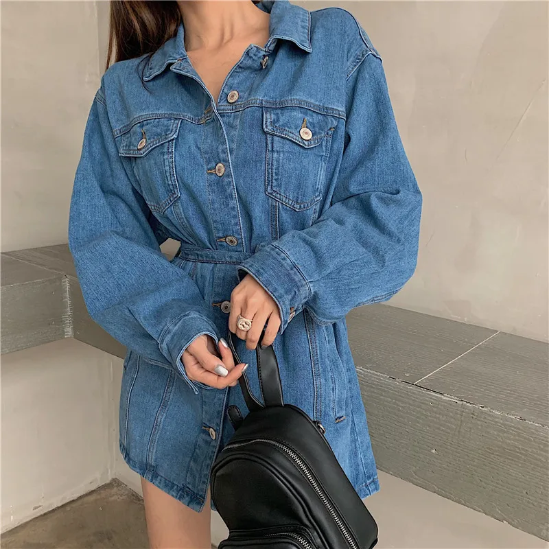 Корейский стиль ретро свободная талия обнимающая шнуровка средней длины джинсовое пальто