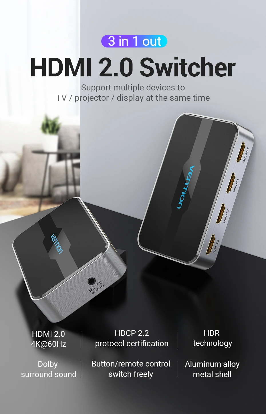 Vention HDMI переключатель 4K 3 в 1 выход HDMI2.0 коммутатор сплиттер с пультом дистанционного управления для PS4 PC tv Xbox 2,0 HDMI адаптер