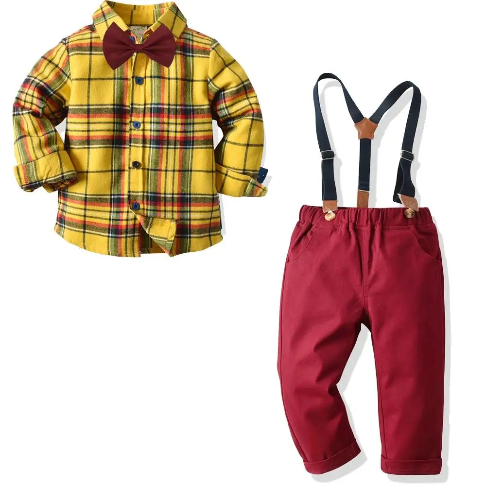 

New Fashion Autumn Boys Clothing Sets plaid Long Sleeve Bowtie Shirt Tops+Overalls Clothse Outfits Kids Gentleman Suit