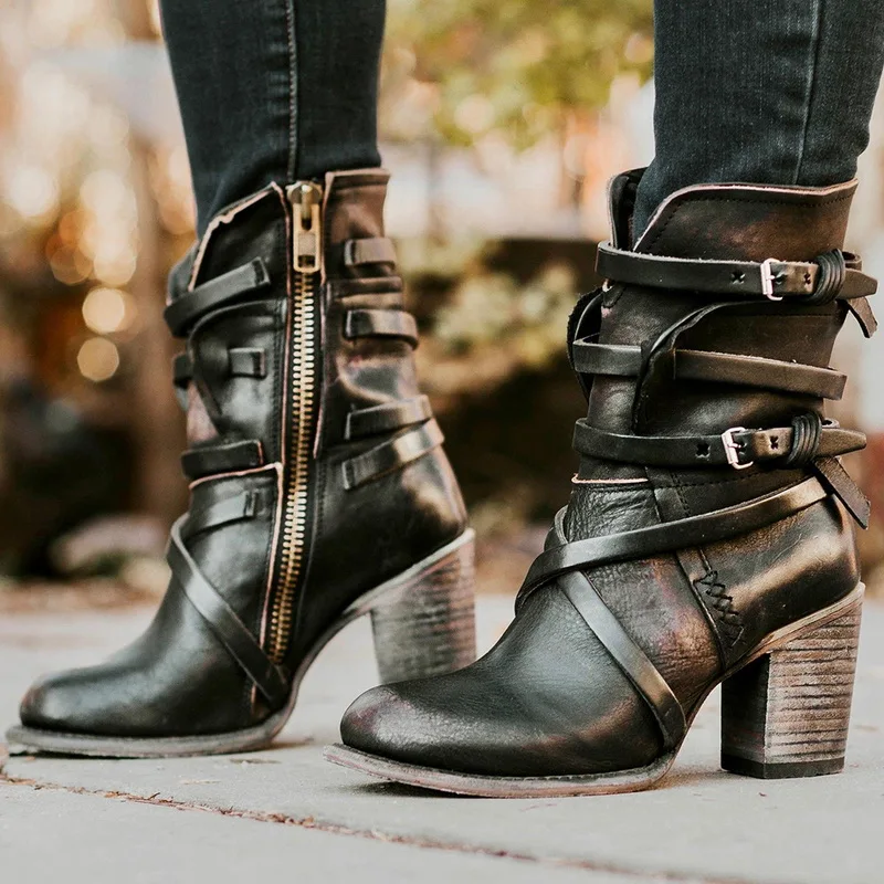 

Women Boots Fashion Casual Ladies Shoes Ankle Boots PU Leather Buckle Boots High Heeled Side Zipper Snow Shoes For Femme