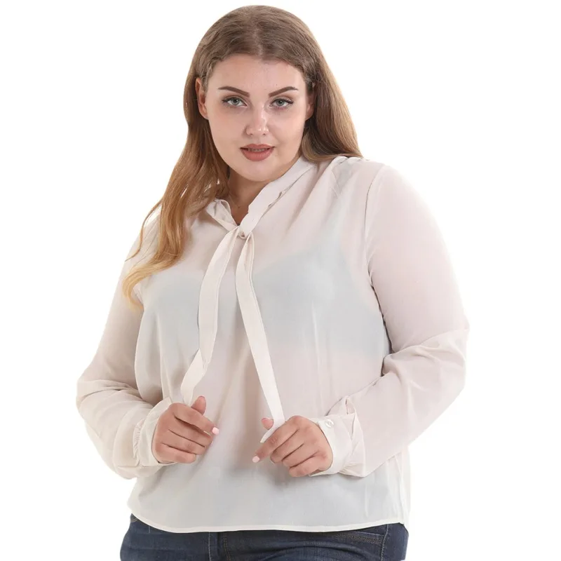 Women Blouse Chiffon Ribbons Perspective Lady Top shirt femme Solid Color Full Sleeve Loose Blouse Plus Size camisa 2020